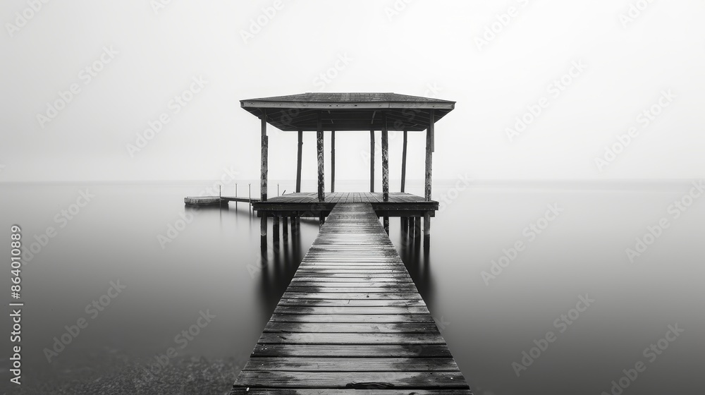 Serene black and white image of an old pier, capturing the peaceful atmosphere and historic charm of the scene Serene black and white image of an old pier, capturing the peaceful atmosphere and historic charm of the scene