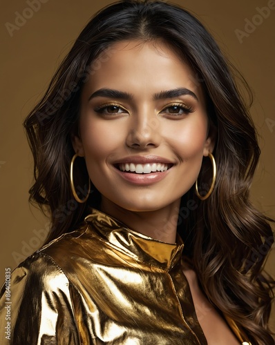 gold theme fashion hispanic pretty woman model influncer with clear smooth skin smiling on camera photo