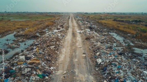 Road to a vast garbage heap, filled with plastic waste, emphasizing environmental degradation from plastic pollution, wide shot