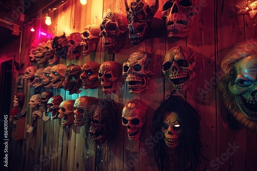 A wall displaying various Halloween masks, each with unique and frightening designs, illuminated by dim, spooky lighting photo