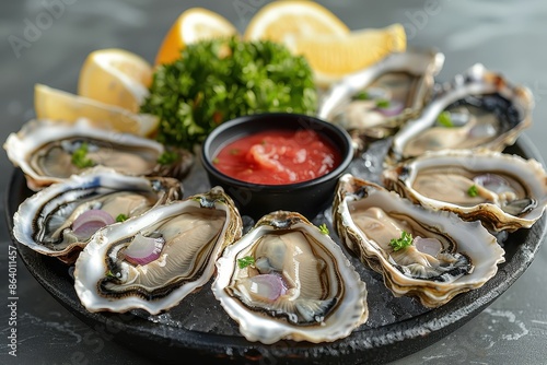 A platter of fresh oysters on the half shell, served with a variety of mignonette sauces and lemon wedges photo