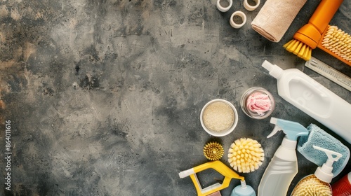 A top-down view of various floor cleaning products neatly arranged on the floor, with space around for text or graphics promoting floor cleaning packages or offers