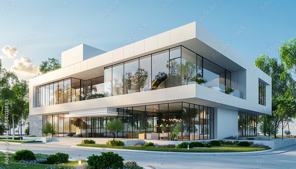 Fototapeta premium 3d rendering of a modern house with a beautiful landscaped garden