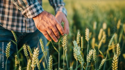 Closeup view of hand touching wheat ear in field.