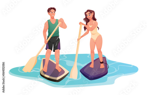 Beautiful young woman and man in a swimsuit riding a stand-up paddle board. Summer water sports activities. Vector isolated cartoon illustration.