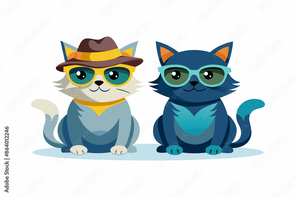 Obraz premium Two cats are sitting in sunglasses and wearing hats silhouette vector style illustration. 