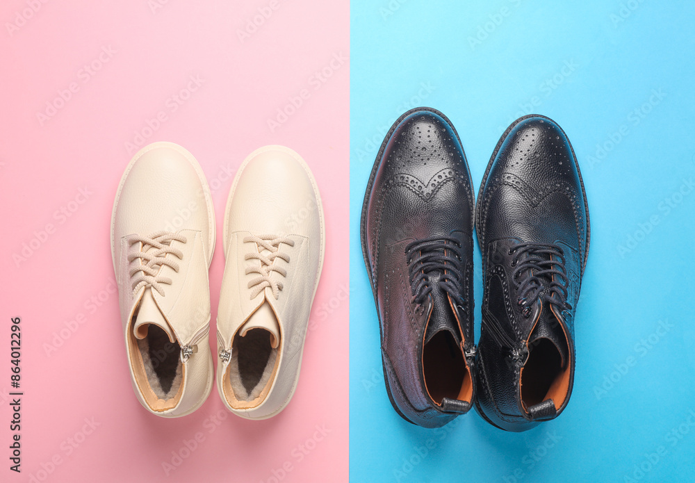Male and female shoes on a blue-pink background. Top view Male and female shoes on a blue-pink background. Top view