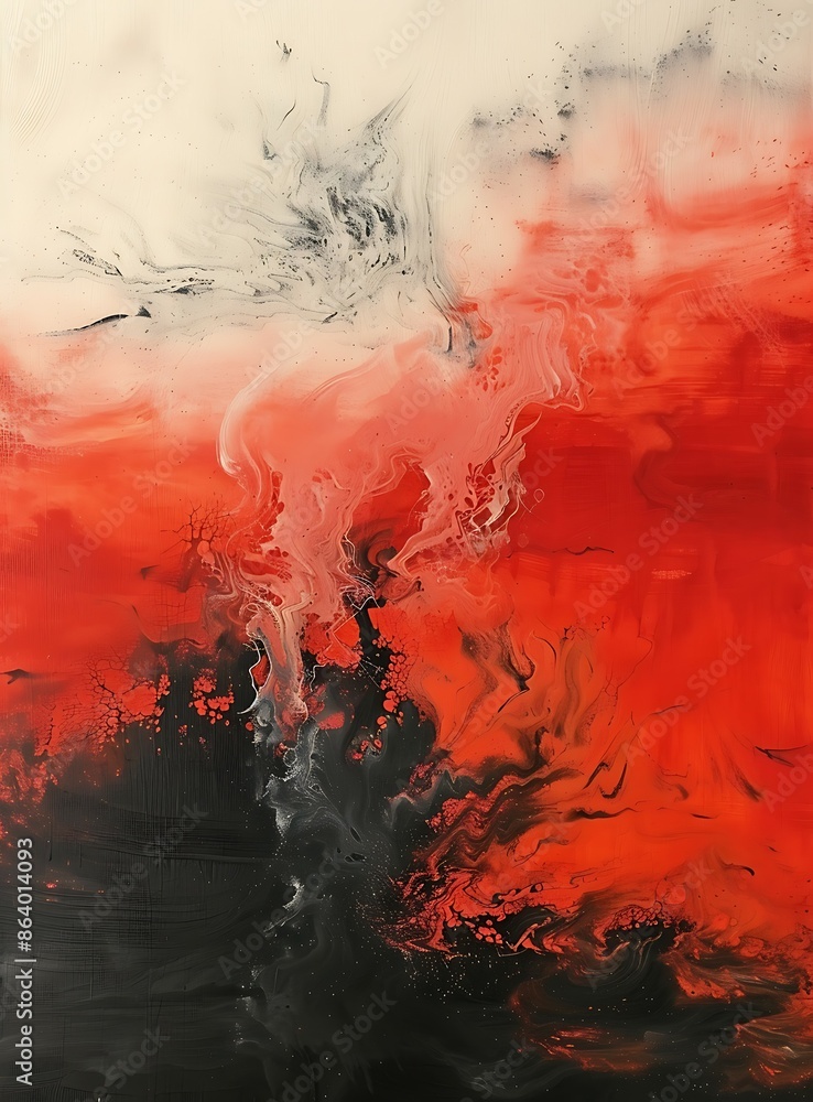 Vibrant abstract painting with a mix of red, black, and white tones, evoking the intense beauty Vibrant abstract painting with a mix of red, black, and white tones, evoking the intense beauty