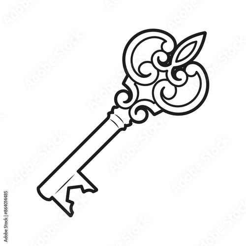 Illustration of a vintage antique key. Linear sketch. Printable flat vector print on white background