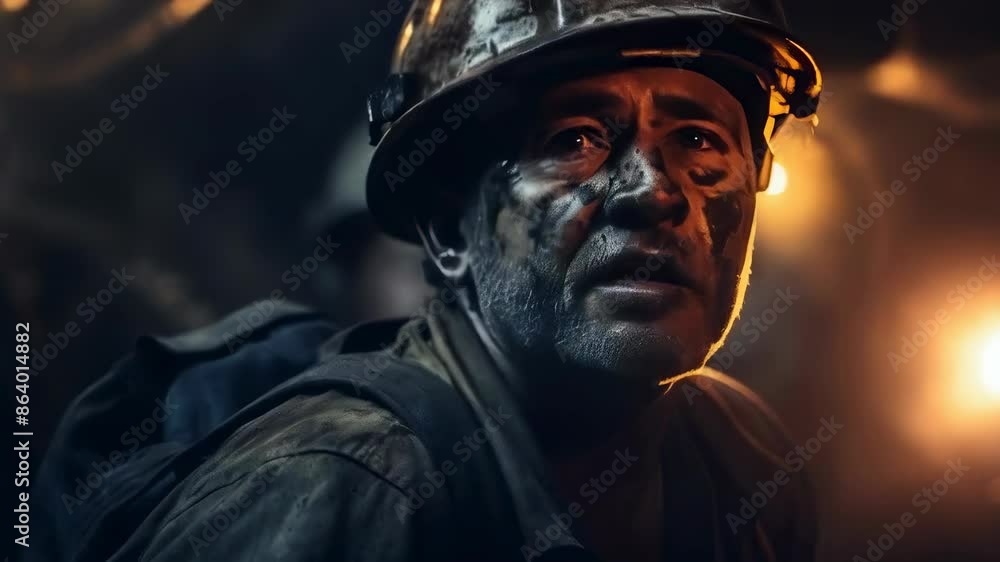 Middle-aged Caucasian male miner in a dimly lit underground tunnel, wearing a dusty helmet and rugged clothing. The mood is tense, highlighting hard work and determination. Middle-aged Caucasian male miner in a dimly lit underground tunnel, wearing a dusty helmet and rugged clothing. The mood is tense, highlighting hard work and determination.