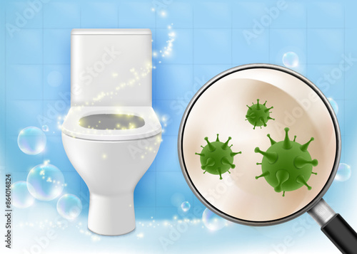 Germs or bacteria under magnifying glass on toilet. Stock vector illustration