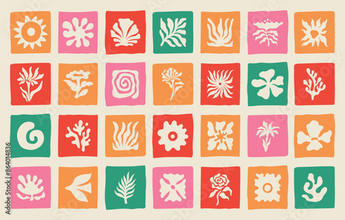 Vector logo and print design templates, summer palms, tropical hand drawn illustrations,  palm trees boho elements, grid patterns and prints with square elements for social media and posts, stationery