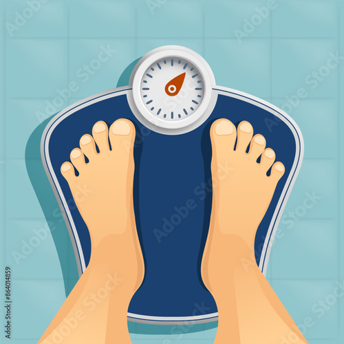 Human feet stand on scales for weighing. Weight loss, fitness and healthy eating. Stock vector illustration