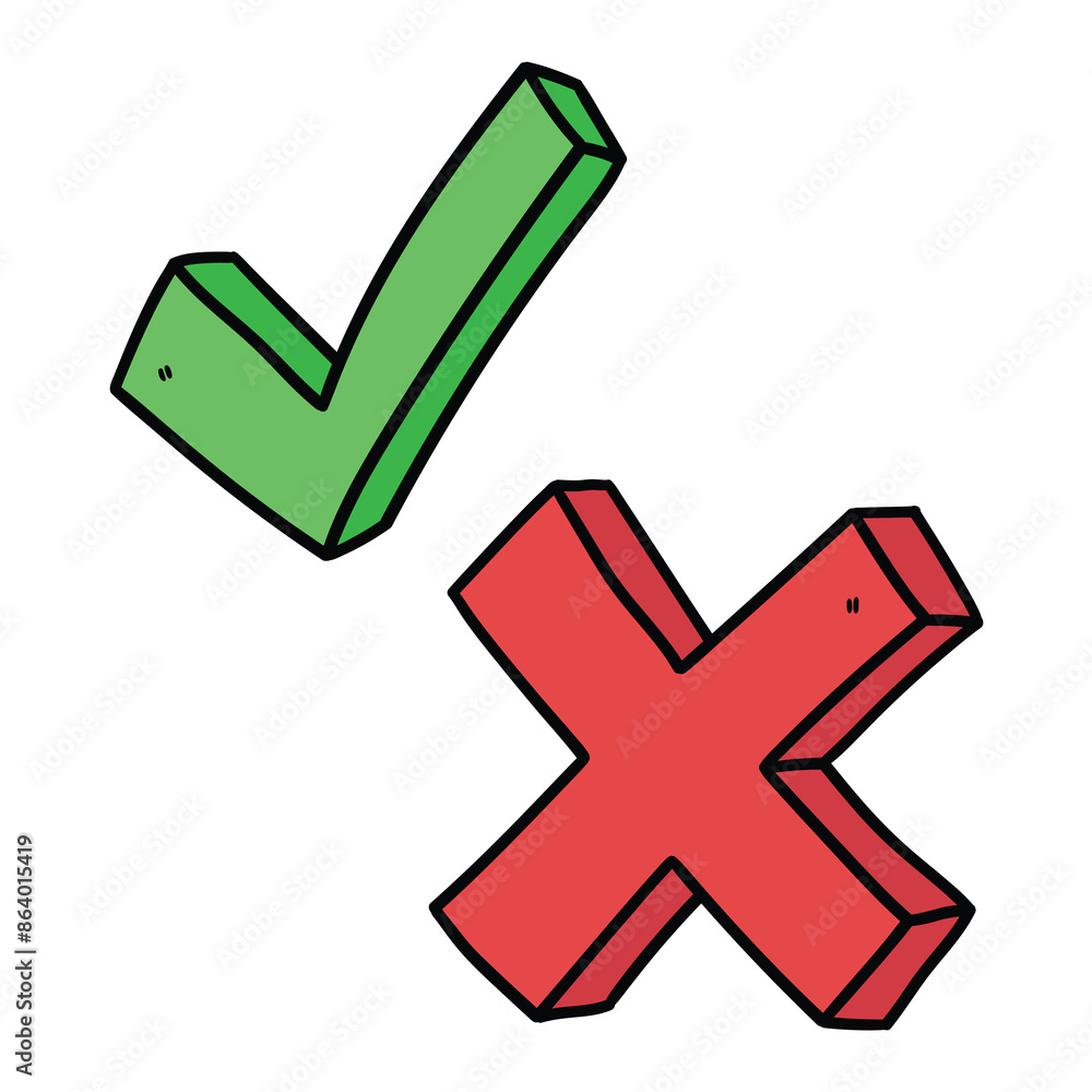 Hand drawn cartoon green check mark and red cross sign on white background. Hand drawn cartoon green check mark and red cross sign on white background.