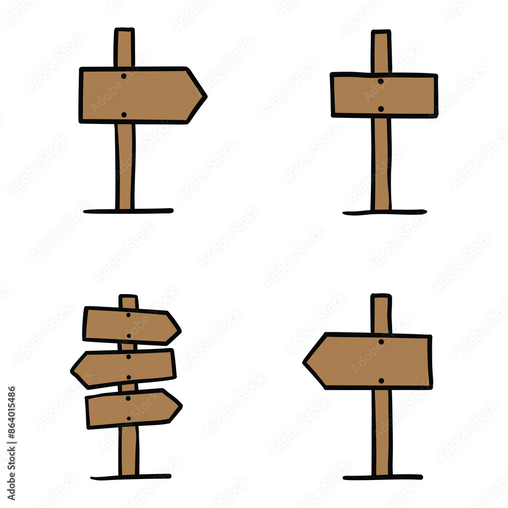 Hand drawn cartoon set wooden blank signposts on white background. Hand drawn cartoon set wooden blank signposts on white background.