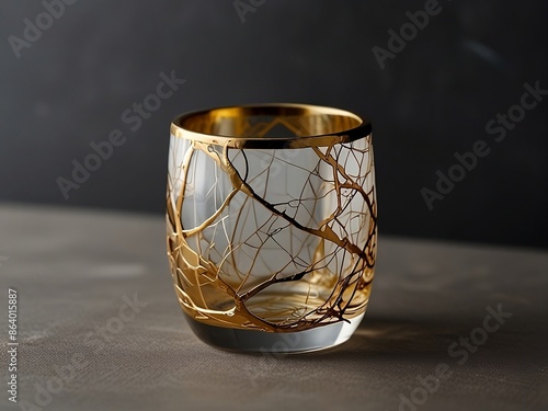 A vine glass with delicate gold veins, embodying the essence of the ancient Japanese kintsugi style .