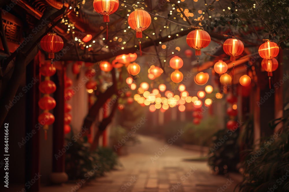 Pathway is illuminated by traditional chinese paper lanterns during the mid-autumn festival, creating a festive atmosphere Pathway is illuminated by traditional chinese paper lanterns during the mid-autumn festival, creating a festive atmosphere