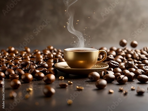 A vibrant cup of coffee with coffee beans.