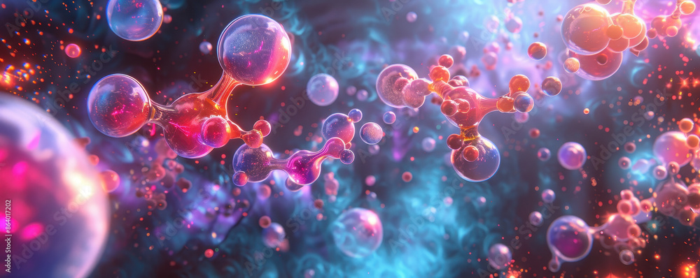 Molecular structures floating in space, colorful neon glow, high contrast, surreal art style, digital painting. Molecular structures floating in space, colorful neon glow, high contrast, surreal art style, digital painting.