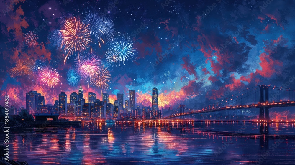 Naklejka premium Fireworks Over City Skyline and Bridge