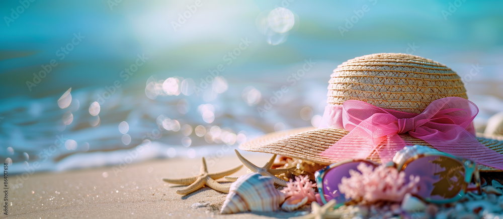Naklejka premium Summer hat, starfish and sea shells lie on the seashore. Sea in the background. Vacation