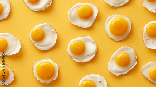 A close up of many small yellow eggs on a yellow background. The eggs are all different sizes and are arranged in a pattern. Scene is playful and whimsical