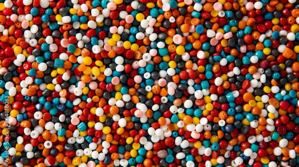 A vibrant array of small, colorful beads, tightly packed, diverse shapes and hues, filling the entire frame, intricate and lively design A vibrant array of small, colorful beads, tightly packed, diverse shapes and hues, filling the entire frame, intricate and lively design