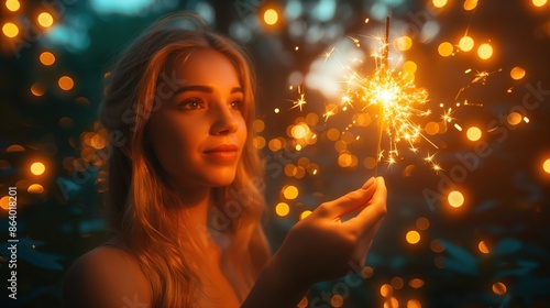 Woman Holding Sparkler at Night