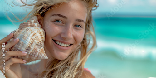 Beautiful blonde woman hearing the sound of the sea with a big seashell at beach. A woman holding a shell against the backdrop of the sea