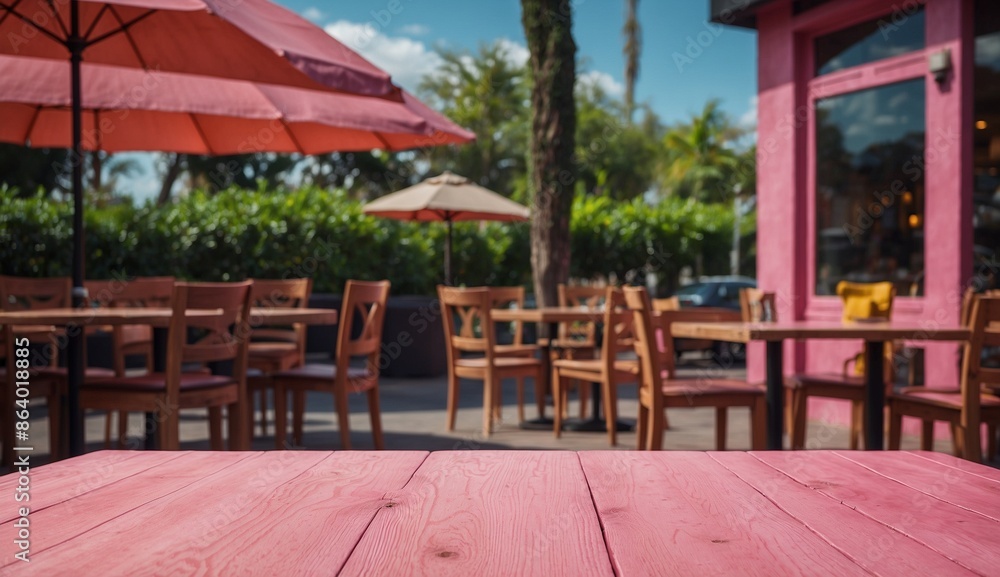 Fototapeta premium Charming cafe with pink tables and umbrellas outside.
