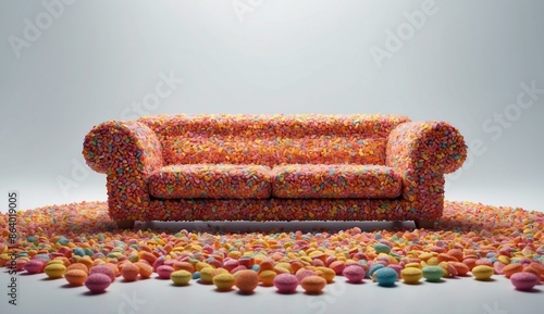 Colorful candy-coated sofa surrounded by scattered treats photo