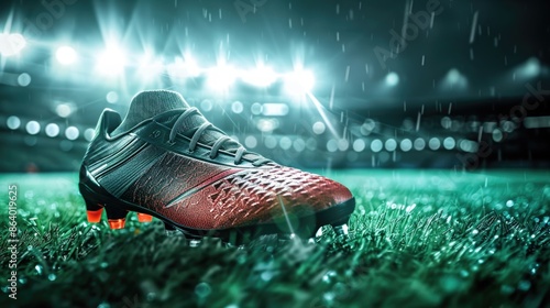 Professional soccer shoes cleats close-up on green grass with an outdoor stadium in the background. It's a great illustration for advertising or promotional materials. photo