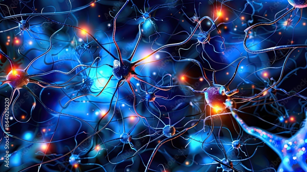 Neural Network Connections in a Digital Brain - Abstract Visualization of Neurons and Synapses in Blue and Orange Neural Network Connections in a Digital Brain - Abstract Visualization of Neurons and Synapses in Blue and Orange