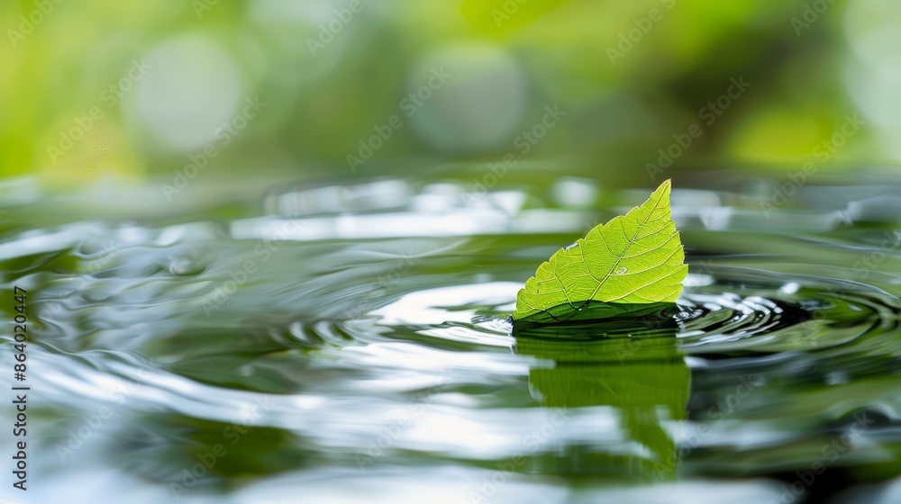 Bright green leaf drifting on water's surface, sunlit, capturing reflections and gentle ripples, calm and refreshing ambiance Bright green leaf drifting on water's surface, sunlit, capturing reflections and gentle ripples, calm and refreshing ambiance