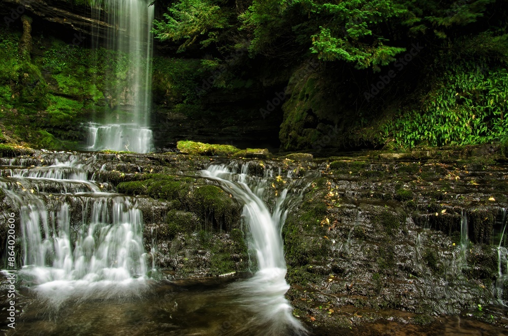 Naklejka premium Deep green forest with small waterfall. Earth day, International Waterfall Day, International Day of Forests, World Environment Day