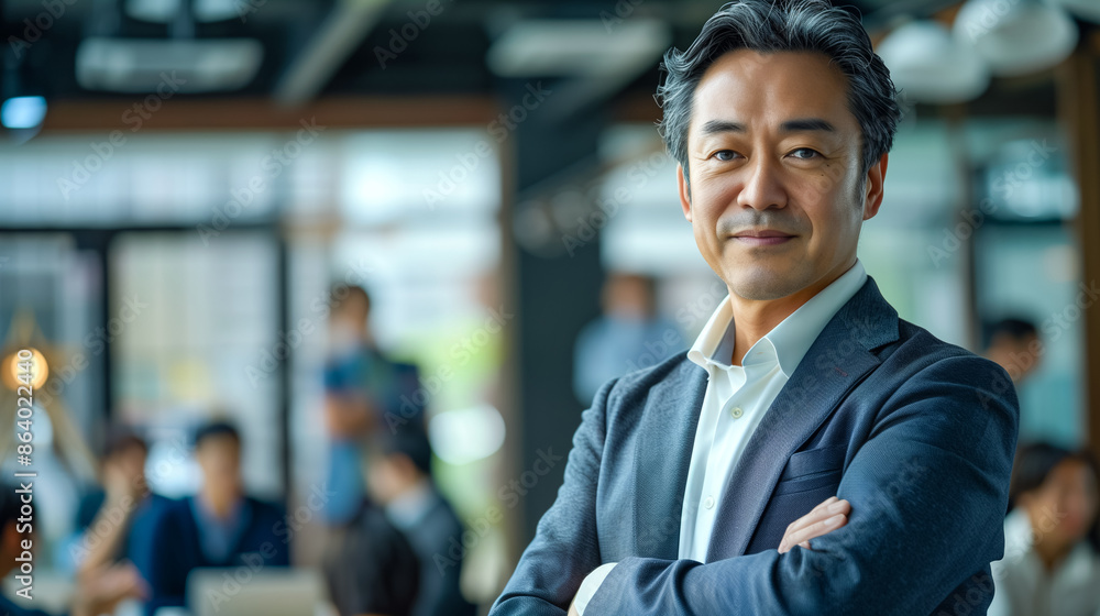 Confident senior businessman in a suit, professional team behind him Confident senior businessman in a suit, professional team behind him