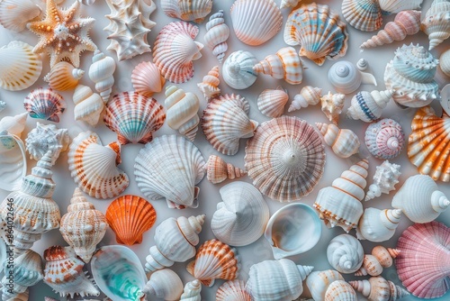vibrant collection of seashells arranged artfully showcasing diverse shapes sizes and intricate patterns pastel and iridescent hues soft lighting enhancing natural textures