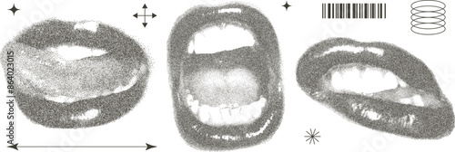 Grunge mouths with retro photocopy effect Y2K. Pop art design. Vector illustration for T-shirt prints, collage design, banner, postcards, posters.