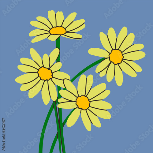 Abstract yellow camomile flower. Cartoon trendy style. Hand drawn modern Vector illustration. Isolated floral design element. Logo, icon, print template
