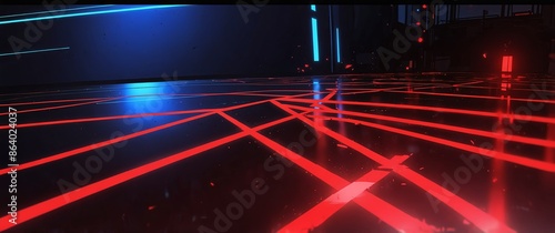 red tech neon light path theme abstract background with copy space for banner