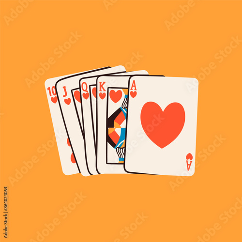 Playing cards. Royal flush poker cards combination. Hand drawn Vector illustration. Tournament, game, casino, poker, gambling, game, fun concept. Isolated design element. Icon, logo, print template