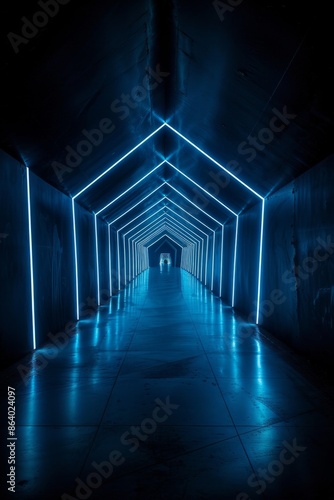 A dark tunnel with glowing geometric shapes leading towards light, symbolizing the journey through creative exploration. © grey