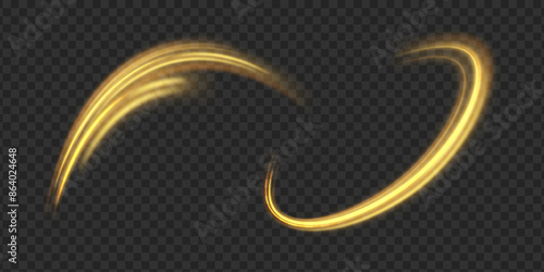 Golden shiny spiral wave. Curved yellow line twirl. Glittering wavy trail. Swirling dynamic neon circle. Rotating speed ring. Magic gold whirlwind with flare sparkles. Glow swirl light effect. Vector