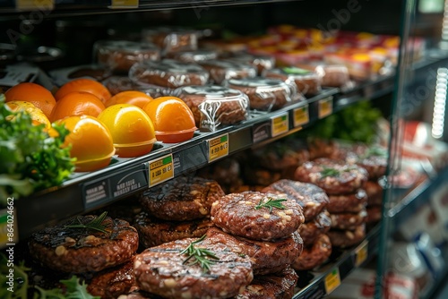 Organic Plant-Based Meat Patties and Vegetarian on Display shelf in store - Concept Plant-Based Food