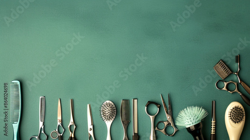 engle view hairdresser tools over green photo