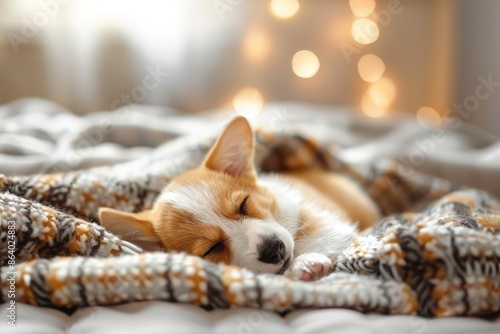 adorable corgi puppy sleeping peacefully on a plaid blanket soft warm lighting and minimalist room setting create a cozy heartwarming scene © furyon
