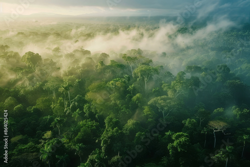 horizontal aerial image of a tropical rainforest covered my the mourning mist