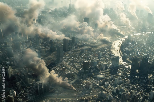 aerial view of wartorn metropolis bisected by a river winding through towering skyscrapers smoke plumes rise from missile impacts casting long shadows across the urban landscape photo