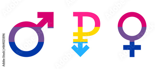LGBT symbols, gender signs for bisexuality, pansexual symbol. LGBT flag signs symbols set. Pansexual sign. Bisexual male and female icons. PRIDE month