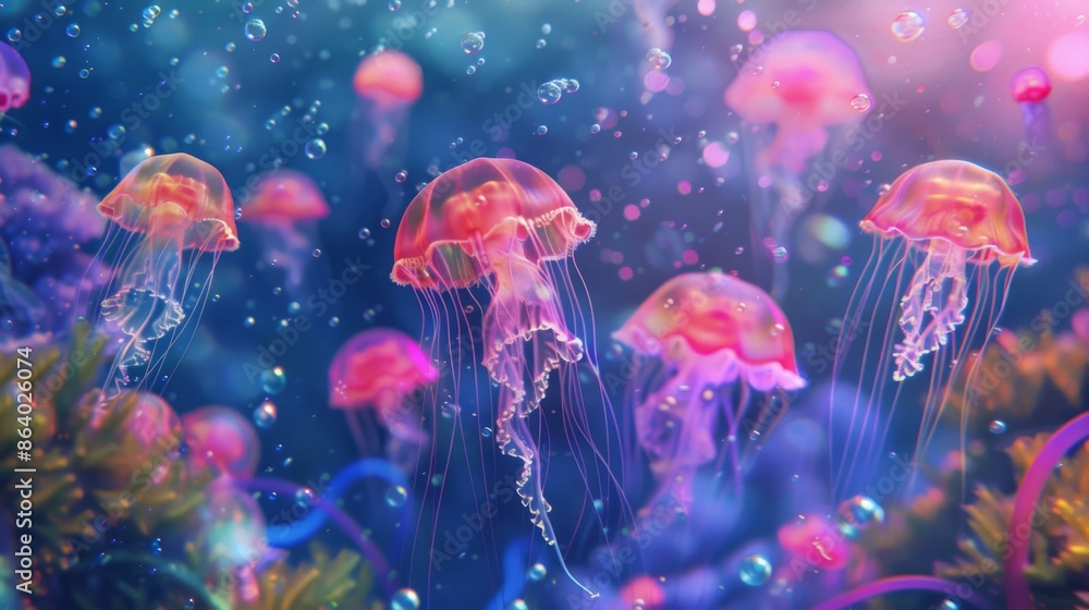 Jellyfish is swimming in the water with blue background. Colorful jellyfish are moving under the sea Jellyfish is swimming in the water with blue background. Colorful jellyfish are moving under the sea
